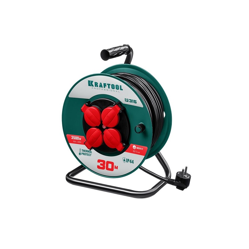 Удлинитель 4-х мест ПВС 3х1,5 (30 м) на катушке KRAFTOOL Р-315