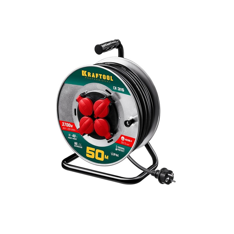 Удлинитель 4-х мест КГ  3х1,5 (50 м) на катушке KRAFTOOL K-315