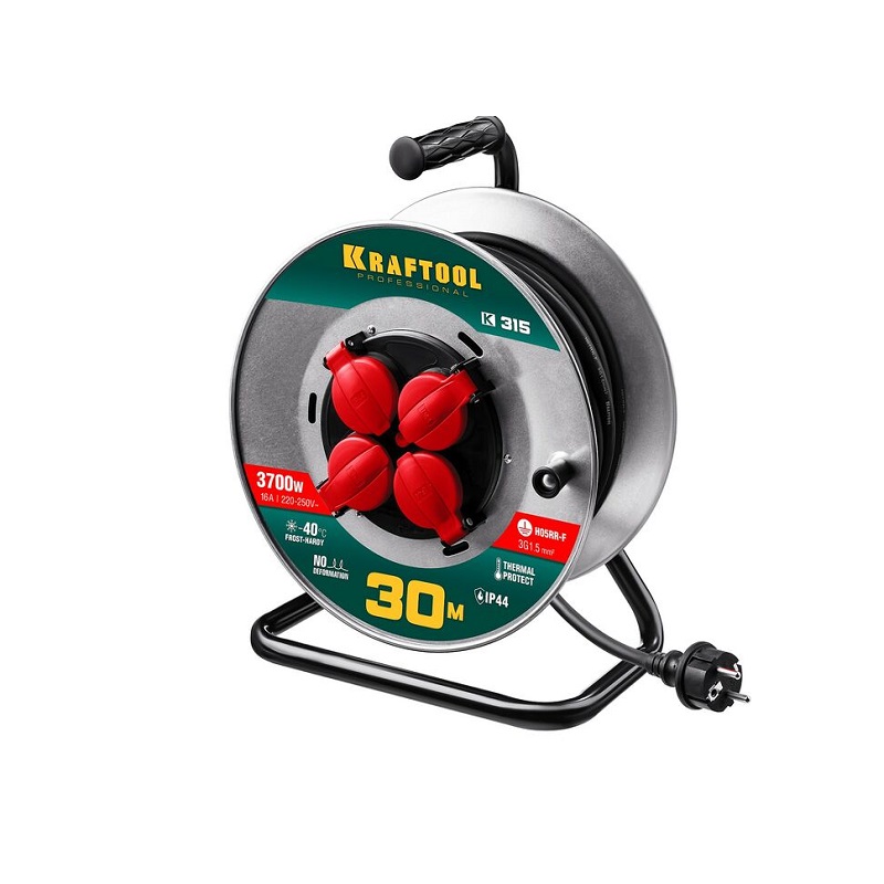 Удлинитель 4-х мест КГ 3х1,5 (30 м) на катушке KRAFTOOL K-315