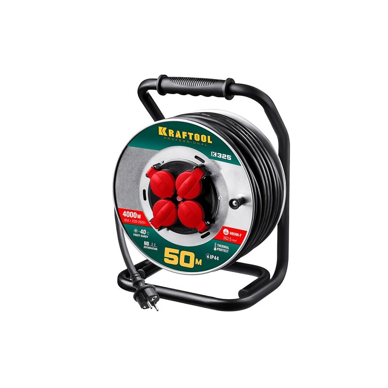 Удлинитель 4-х мест КГ 3х2,5 (50 м) на катушке KRAFTOOL K-325